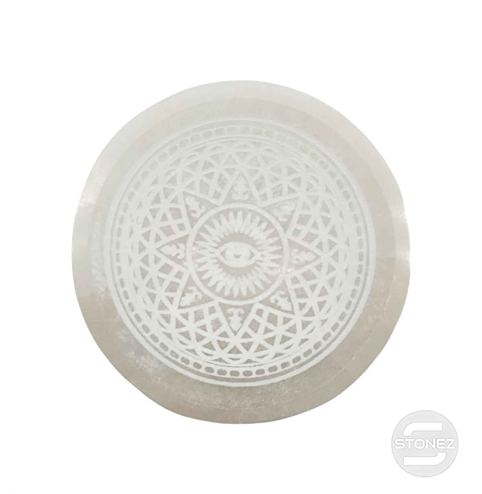 400901654 Cuenco Selenita Grabado Estrella y Ojo 10 Cms Aprox.