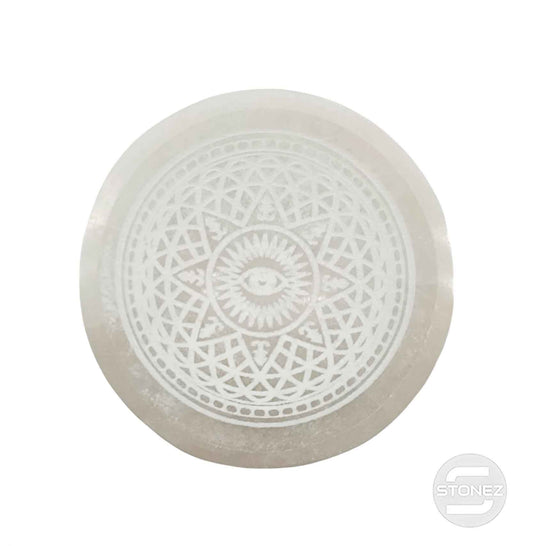 400901654 Cuenco Selenita Grabado Estrella y Ojo 10 Cms Aprox.