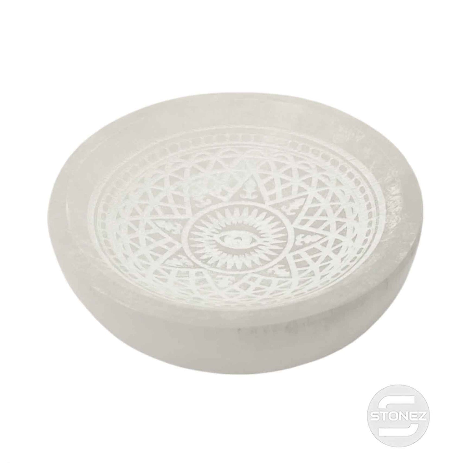 400901654 Cuenco Selenita Grabado Estrella y Ojo 10 Cms Aprox.