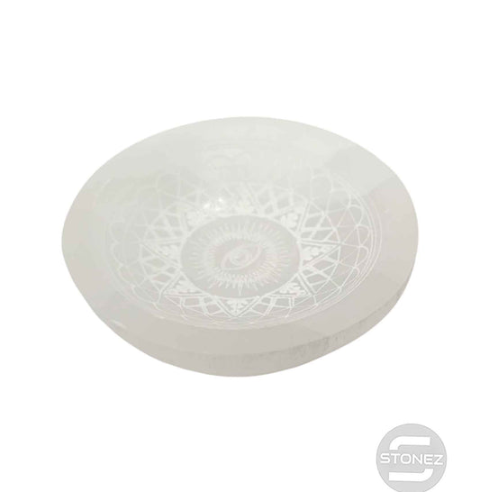 400901654 Cuenco Selenita Grabado Estrella y Ojo 8 Cms Aprox