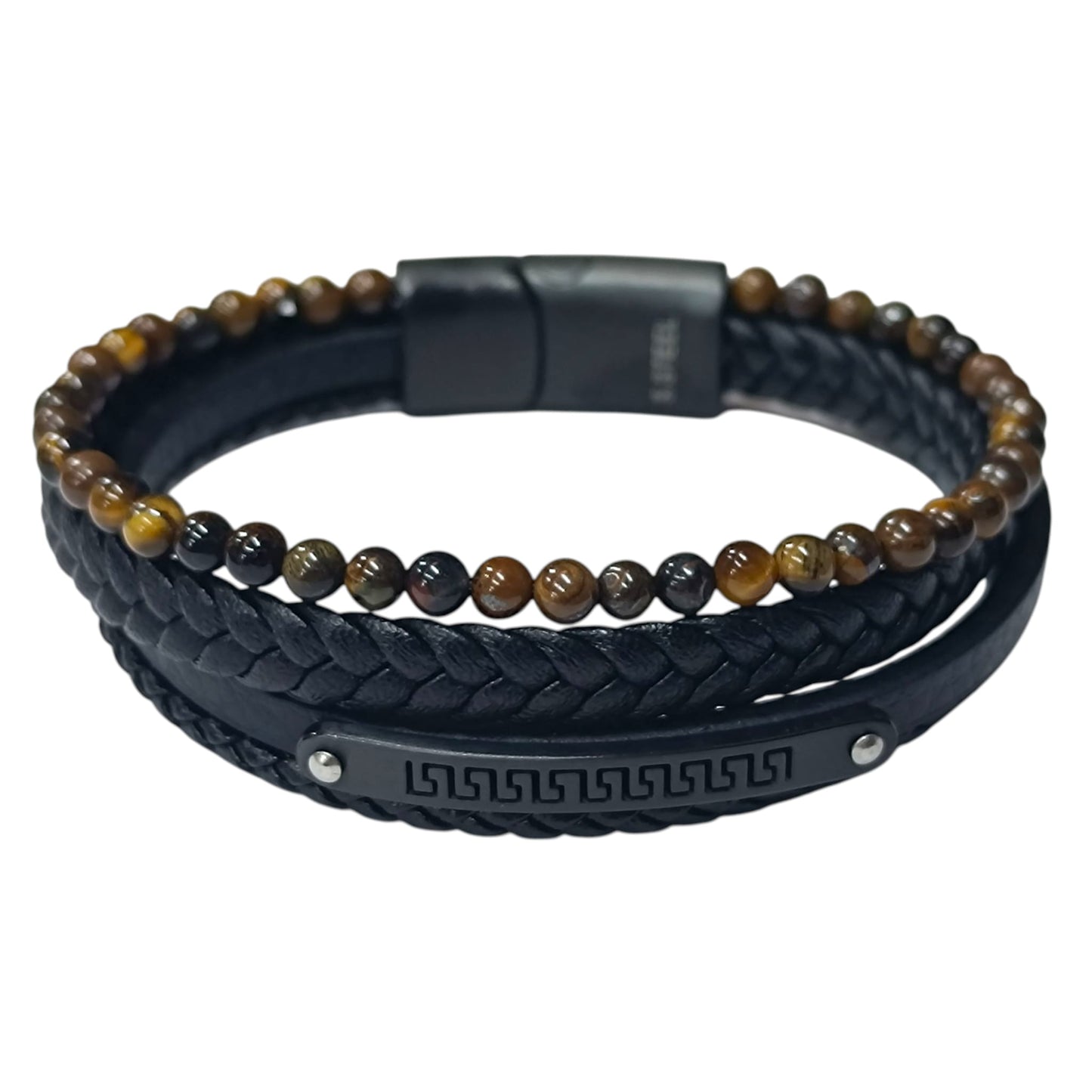 Pulsera Acero Y Piedra Ojo Tigre Cuero Negro Largo 22 Cms Aprox 401104257-39