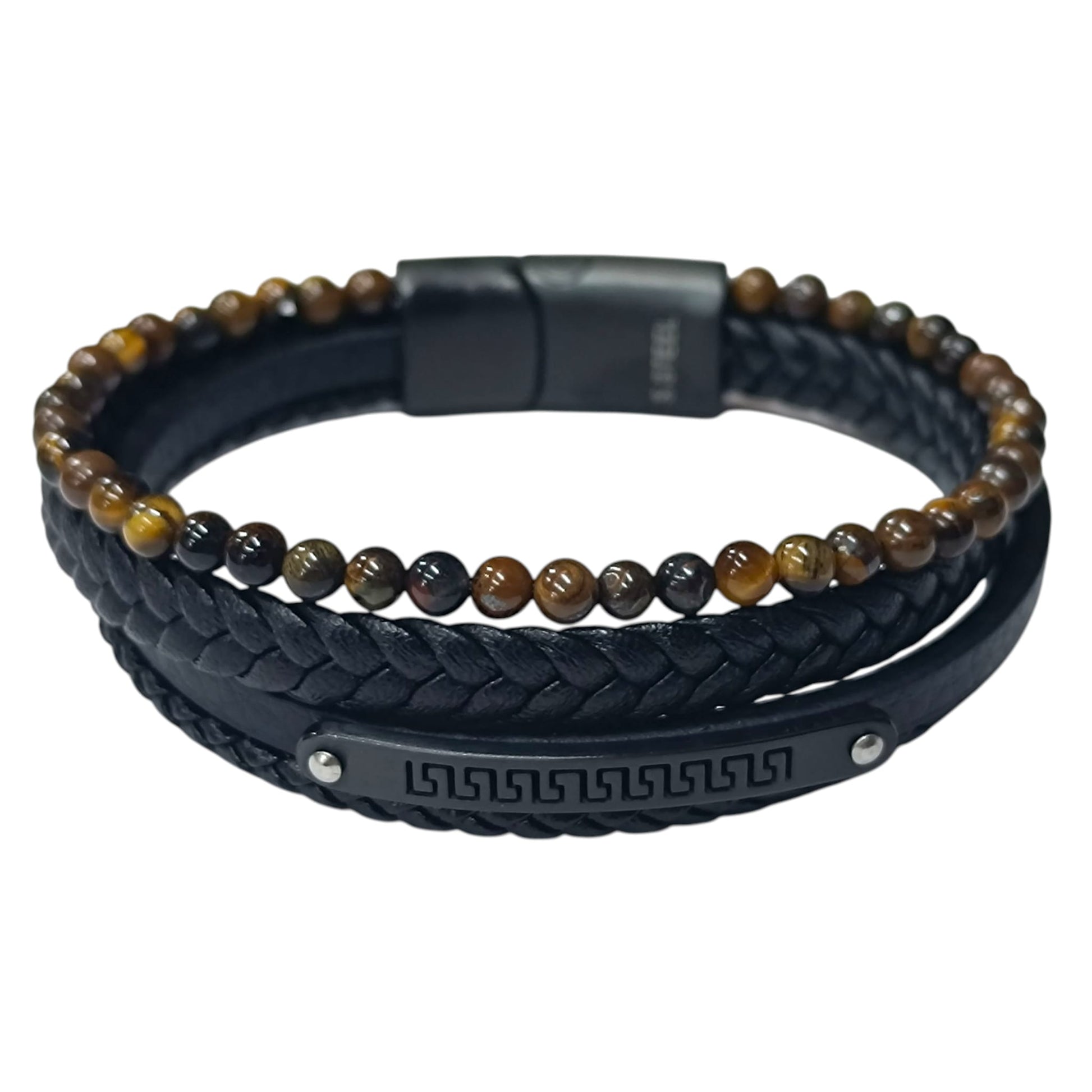 Pulsera Acero Y Piedra Ojo Tigre Cuero Negro Largo 22 Cms Aprox 401104257-39