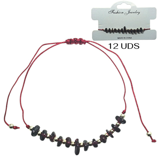 Paquete 12 Pulseras Hilo Con Piedra Granate Chips Y Bolas Acero