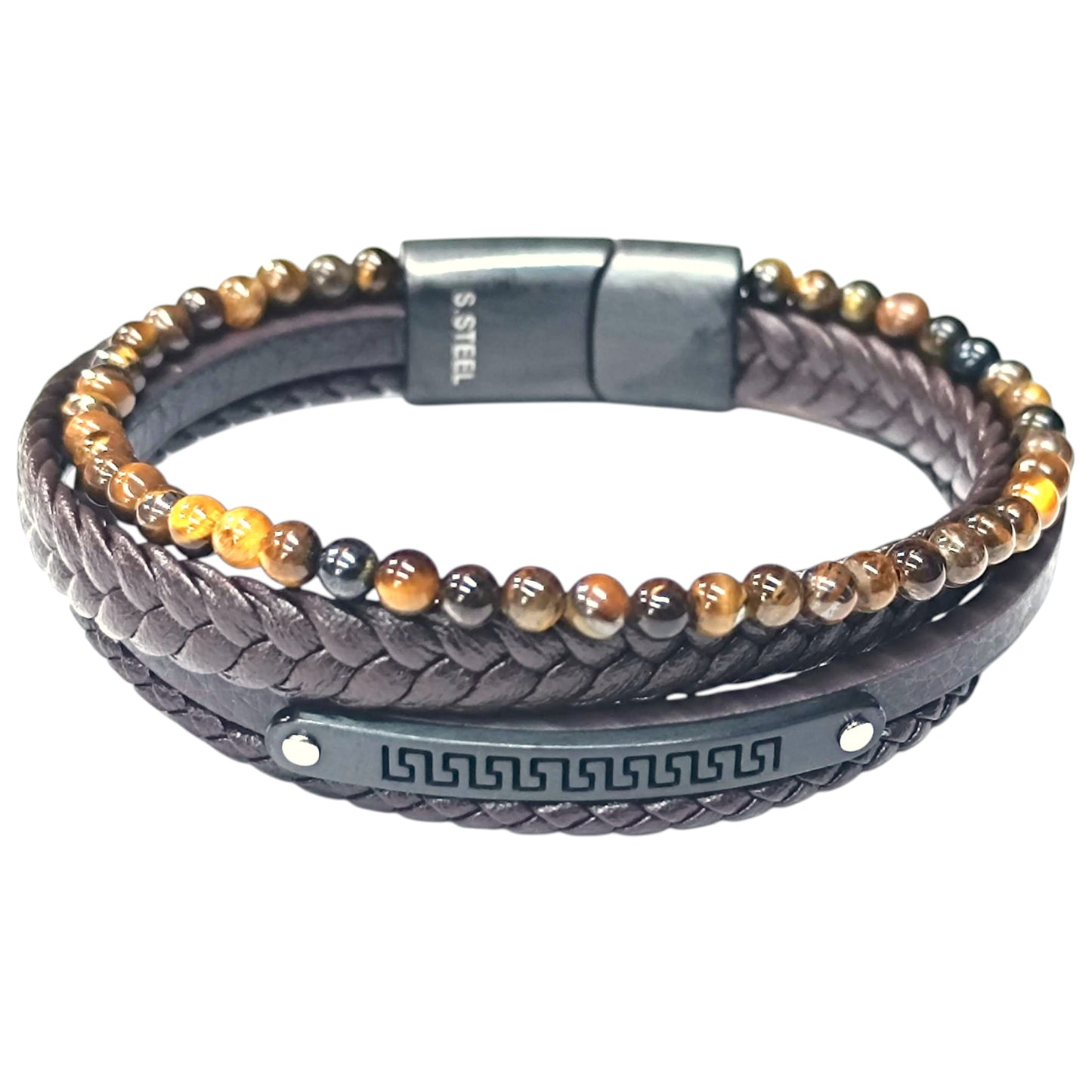 Pulsera Acero Y Piedra Ojo Tigre Cuero Marron Largo 22 Cms Aprox 401104257-40