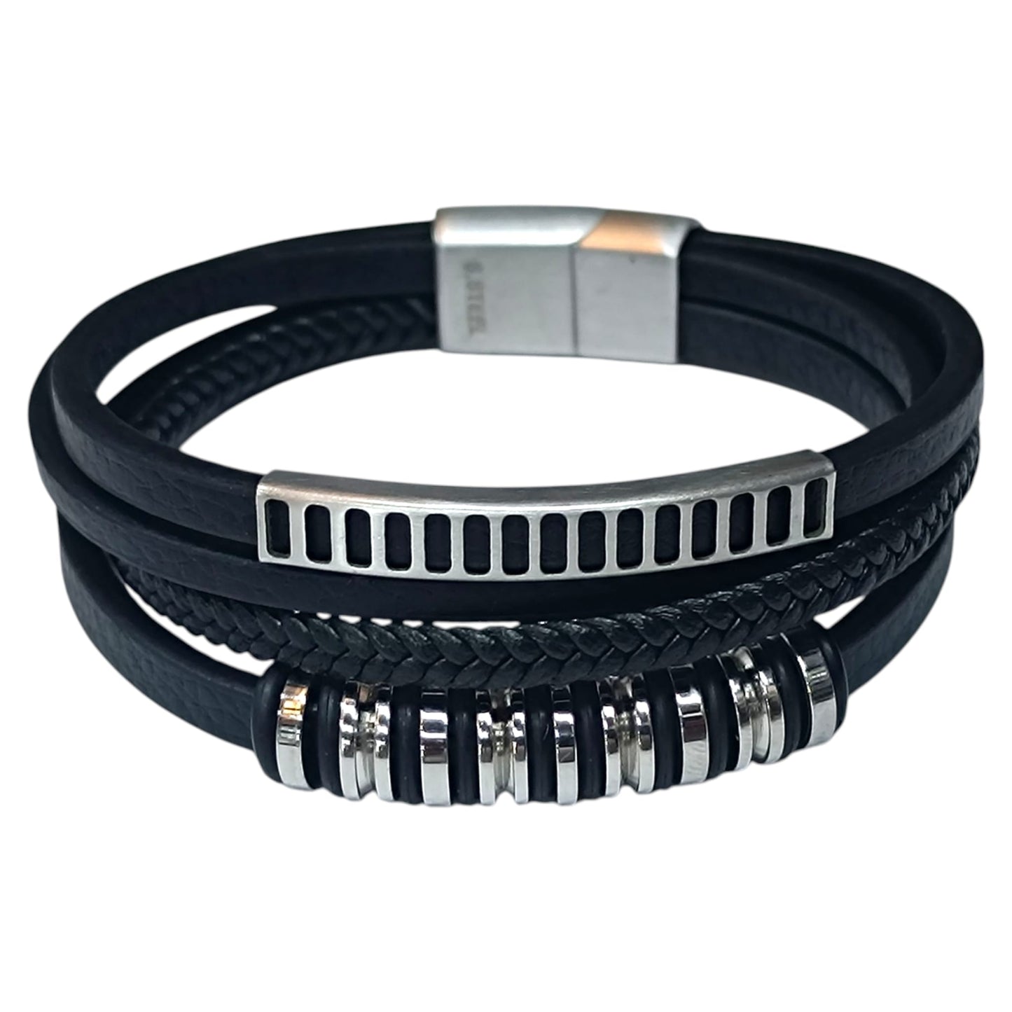 Pulsera Acero Y Cuero Negro Largo 22 Cms Aprox 401104257-45