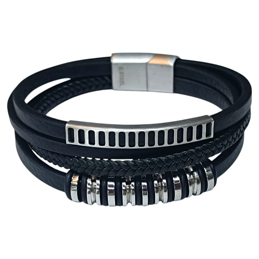 Pulsera Acero Y Cuero Negro Largo 22 Cms Aprox 401104257-45