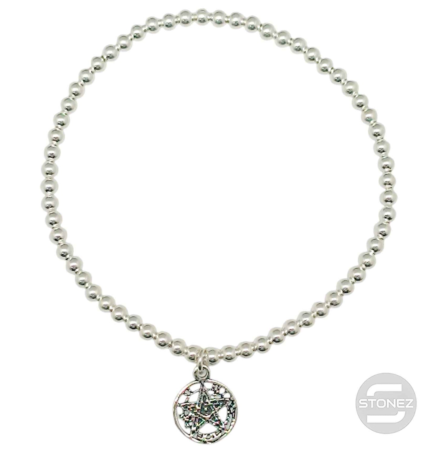 500303133 Pulsera Elastica de Plata 925 Con Bola 3 mm Dije De Tetragrammaton 9 mm