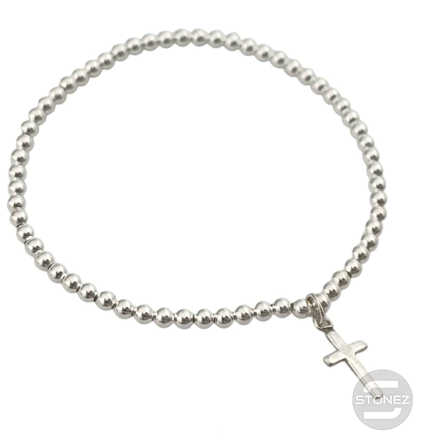 500303135 Pulsera Elastica de Plata 925 Con Bola 3 mm Dije Cruz 15x7 mm