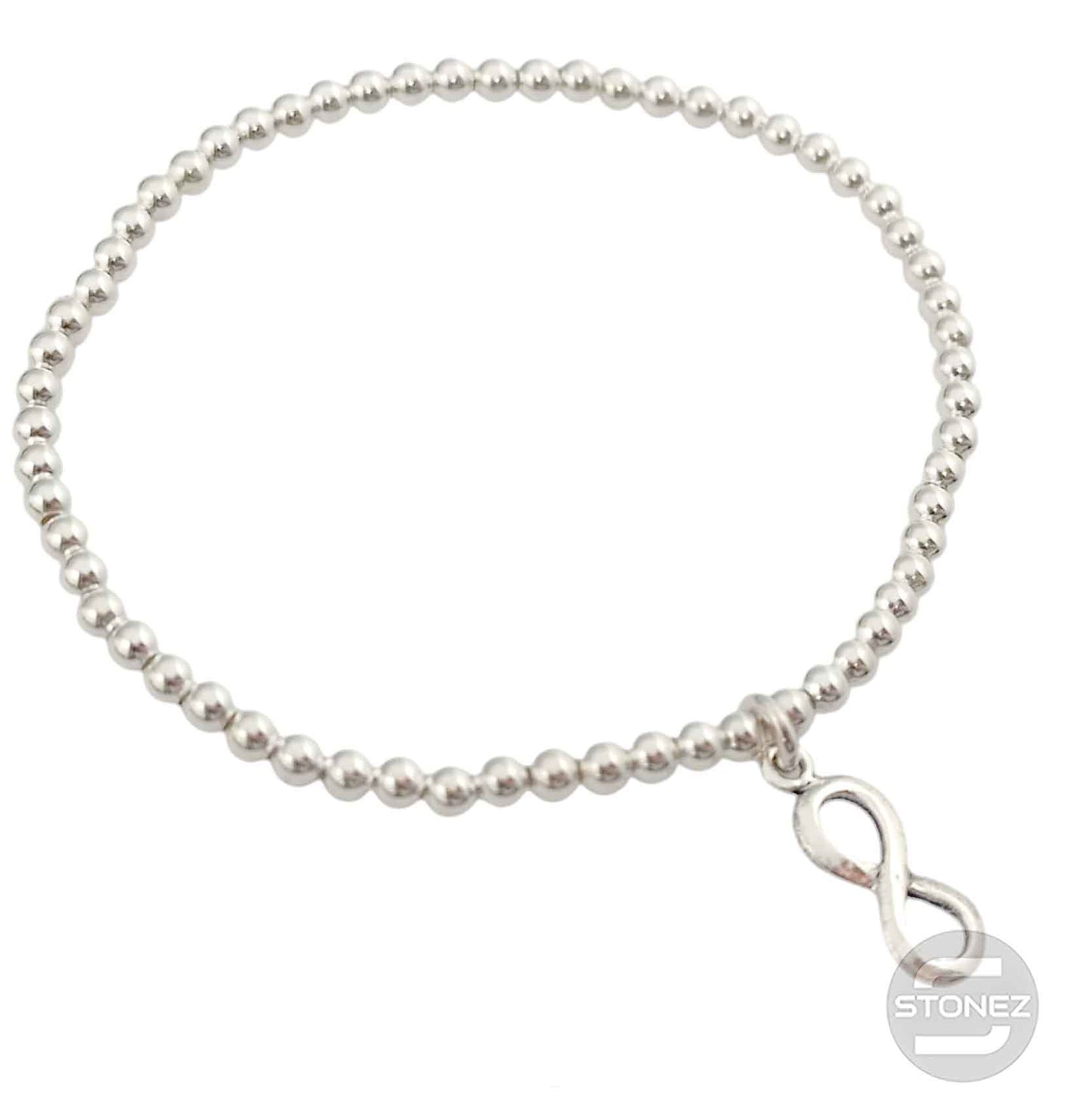 500303136 Pulsera Elastica de Plata 925 Con Bola 3 mm Dije Infinito 6x14 mm