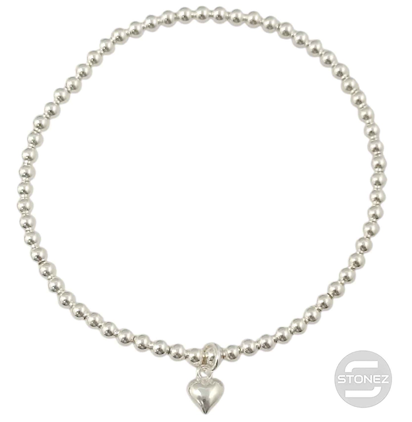 500303137 Pulsera Elastica de Plata 925 Con Bola 3 mm Dije Corazon 6 mm