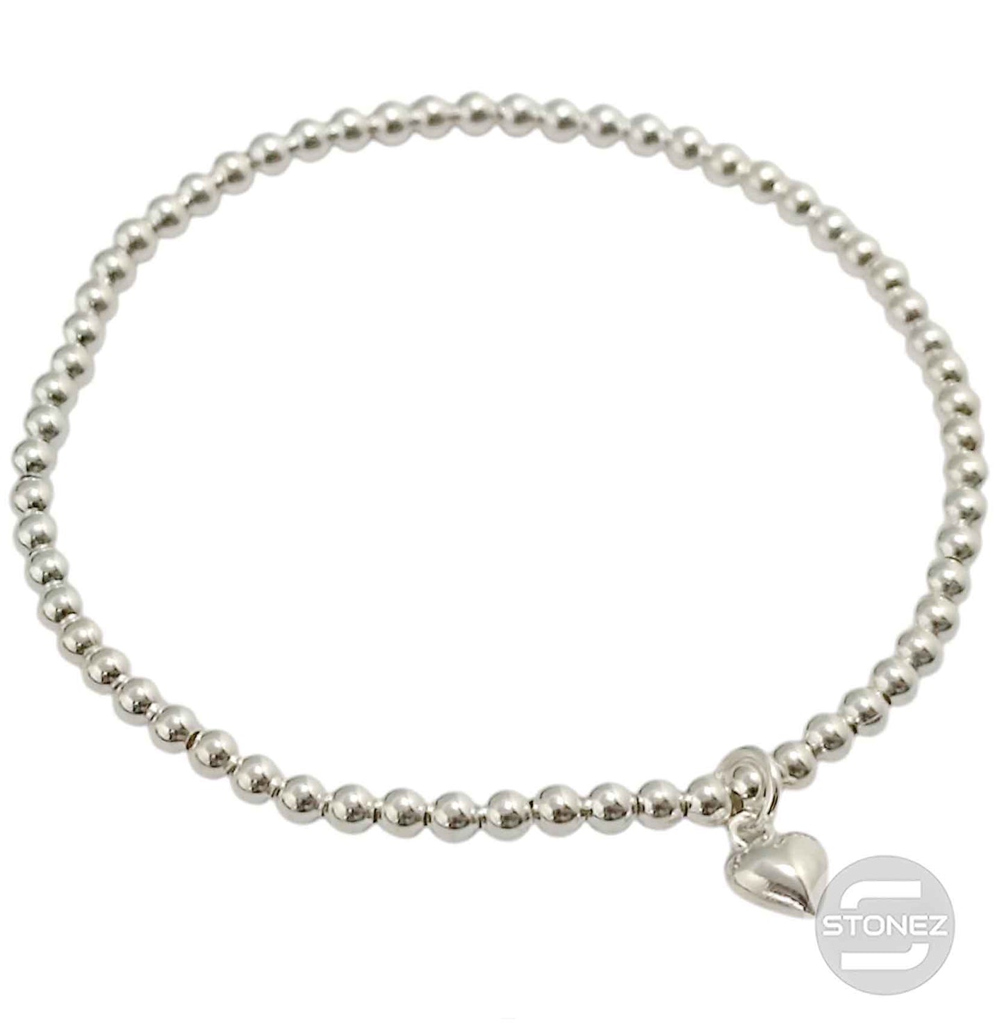 500303137 Pulsera Elastica de Plata 925 Con Bola 3 mm Dije Corazon 6 mm