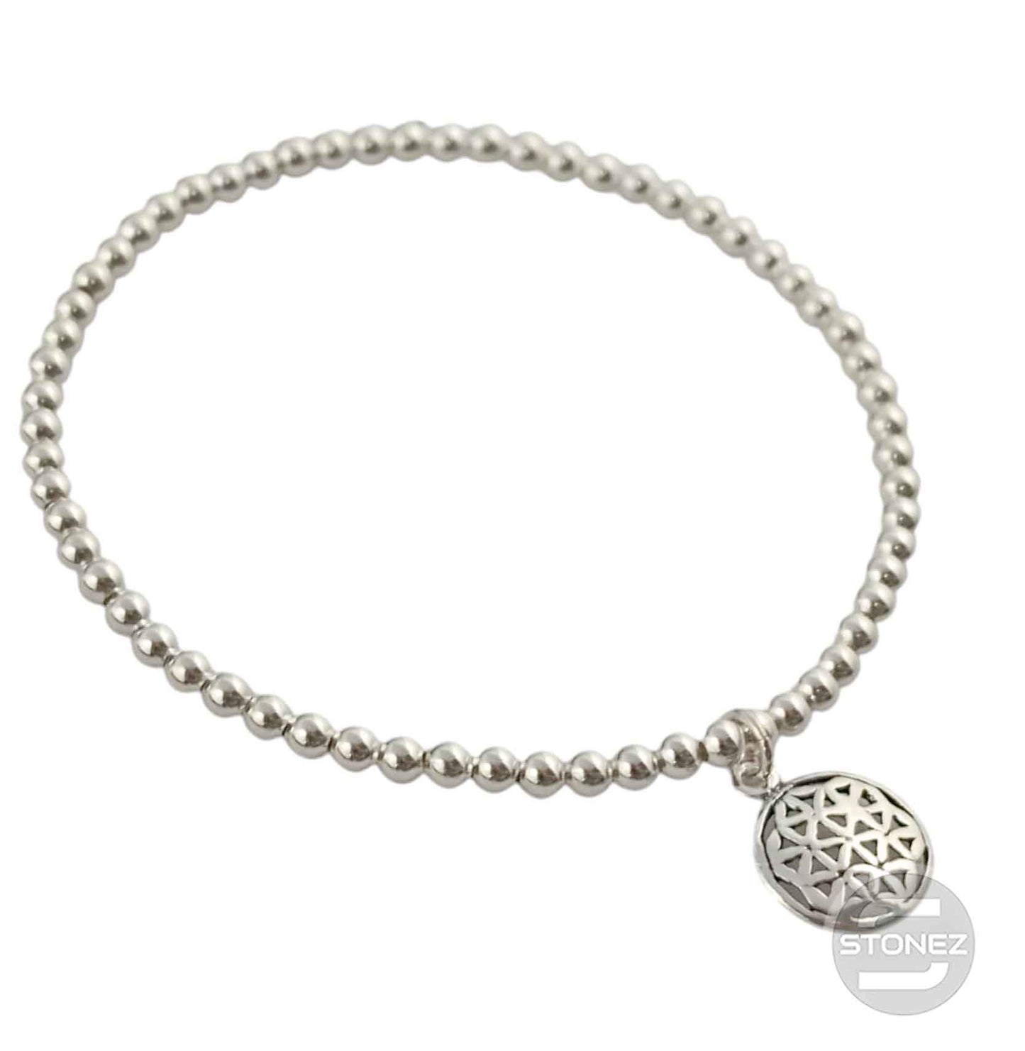 500303141 Pulsera Elastica de Plata 925 Con Bola 3 mm Flor De La Vida 11 mm