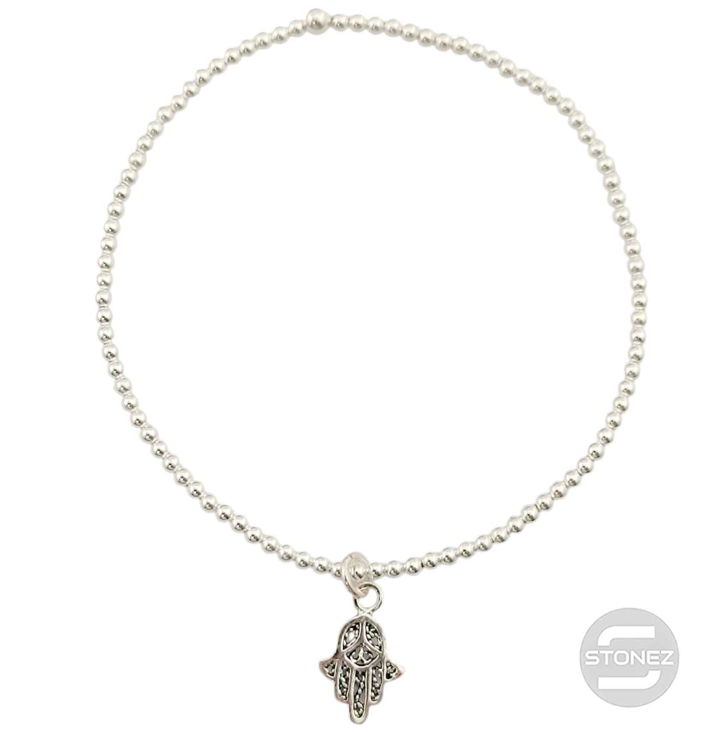 500303153 Pulsera Elastica de Plata 925 Con Bola 2 mm Mano De Fatima 9x14 mm