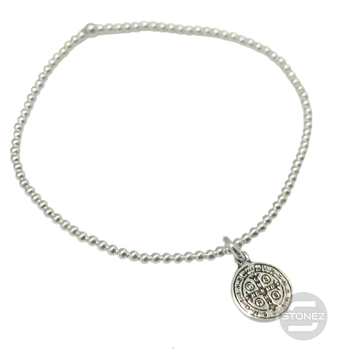500303154 Pulsera Elastica de Plata 925 Con Bola 2 mm Dije San Benito 11 mm