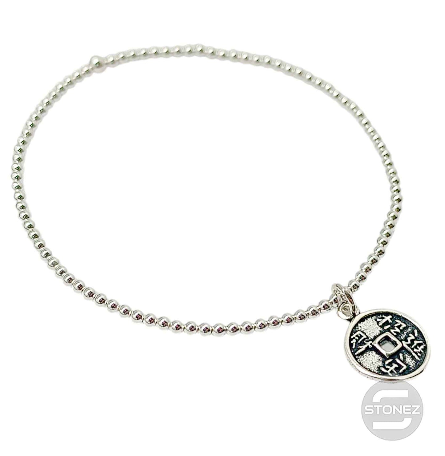 500303162 Pulsera Elastica de Plata 925 Con Bola 2 mm Dije Moneda China 12 mm