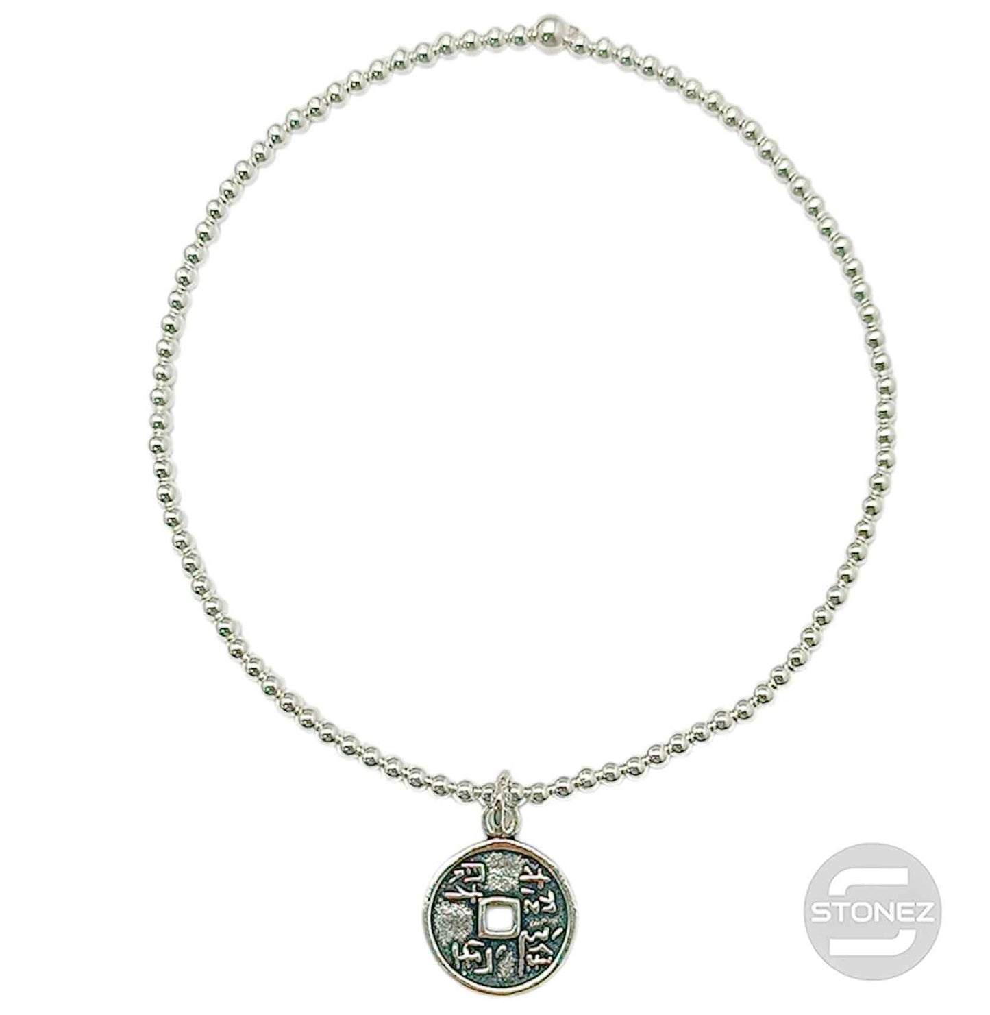 500303162 Pulsera Elastica de Plata 925 Con Bola 2 mm Dije Moneda China 12 mm