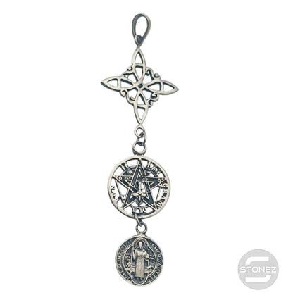 Colgante En Plata 925 Triple Proteccion Nudo De Bruja Tetragramaton Y San Benito 55 mm Largo Aporx 500303930