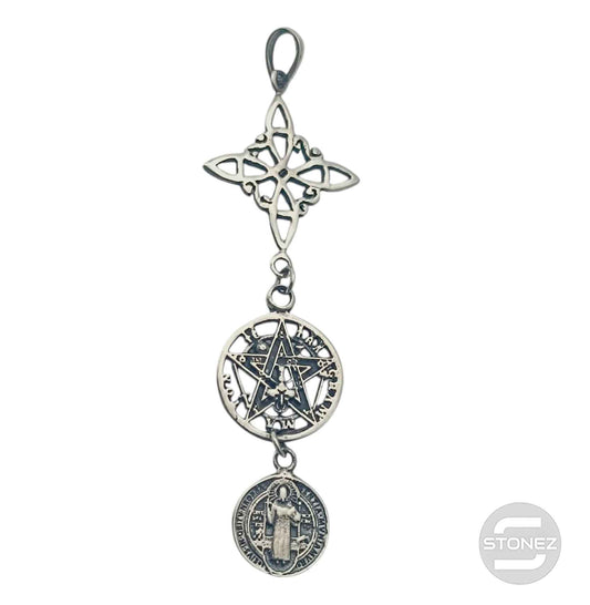 Colgante En Plata 925 Triple Proteccion Nudo De Bruja Tetragramaton Y San Benito 55 mm Largo Aporx  500303930