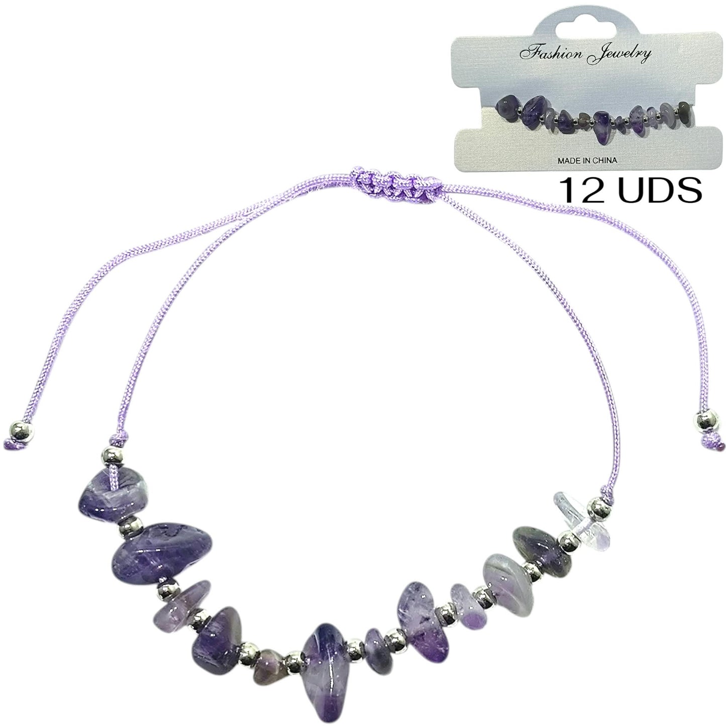 Paquete 12 Pulseras Hilo Con Piedra Amatista Chips Y Bolas Acero