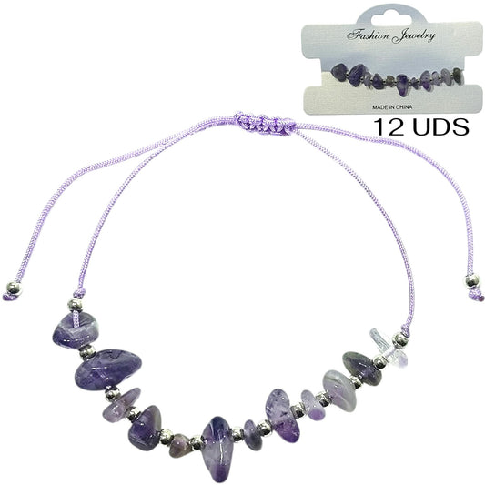 Paquete 12 Pulseras Hilo Con Piedra Amatista Chips Y Bolas Acero