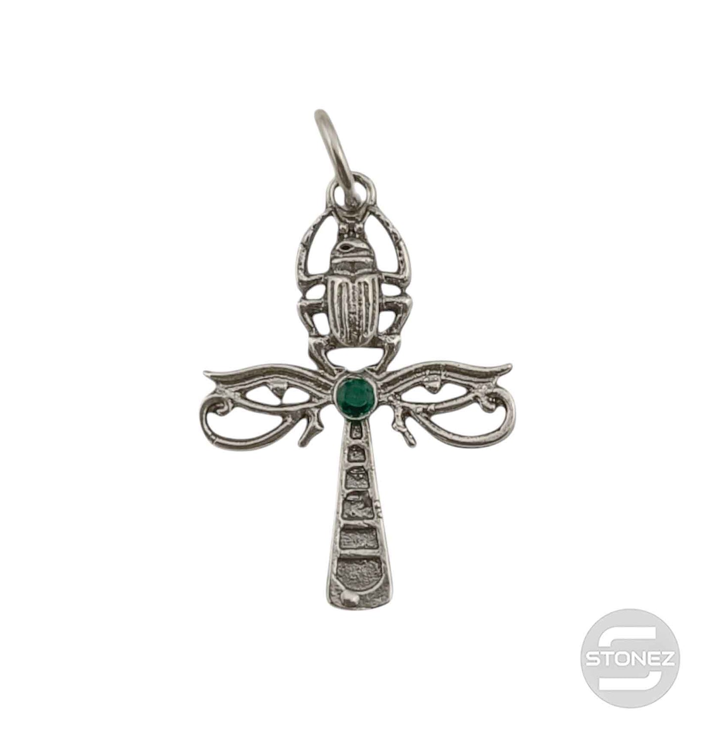 57094 Colgante De Plata 925 Cruz Egipcia Con Circonita Verde 30x22 mm