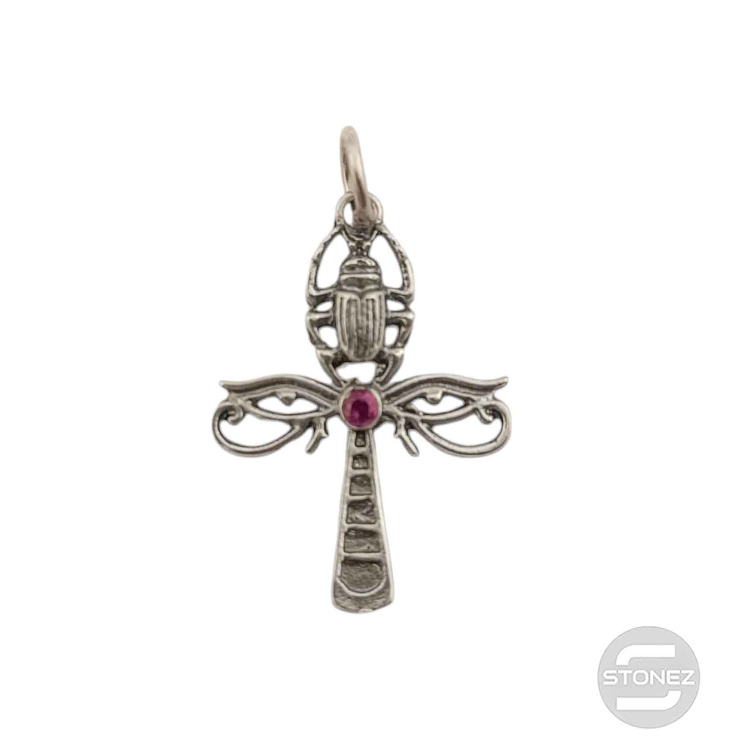 57094 Colgante De Plata 925 Cruz Egipcia Con Circonita Rojo 30x22 mm