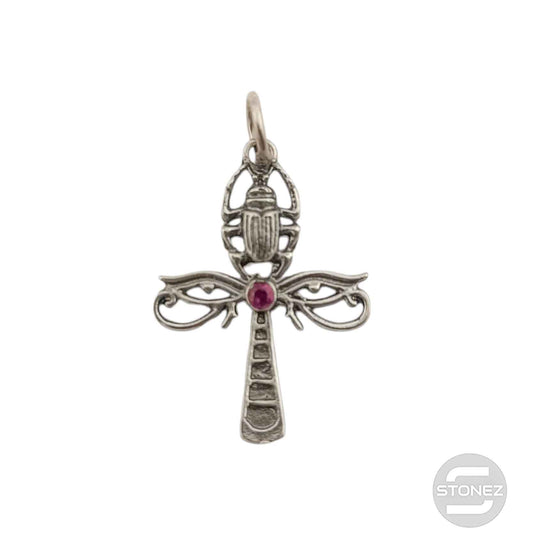 57094 Colgante De Plata 925 Cruz Egipcia Con Circonita Rojo 30x22 mm