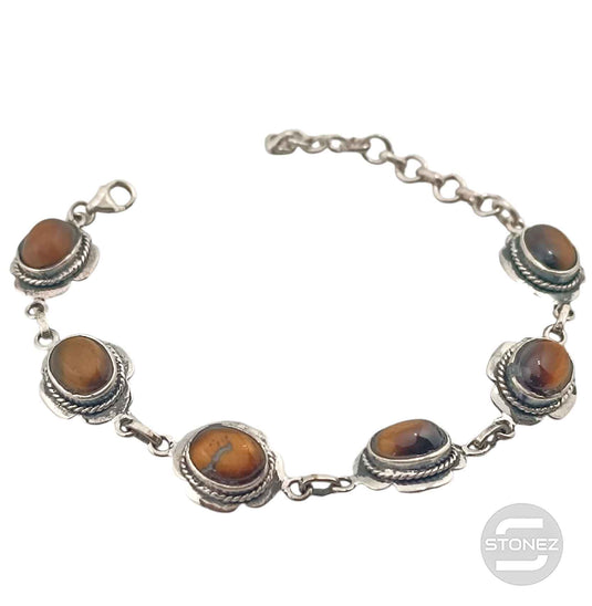 58885 Pulsera Plata 925 Con Piedras Ojo De Tigre 16+3 Cms Aprox