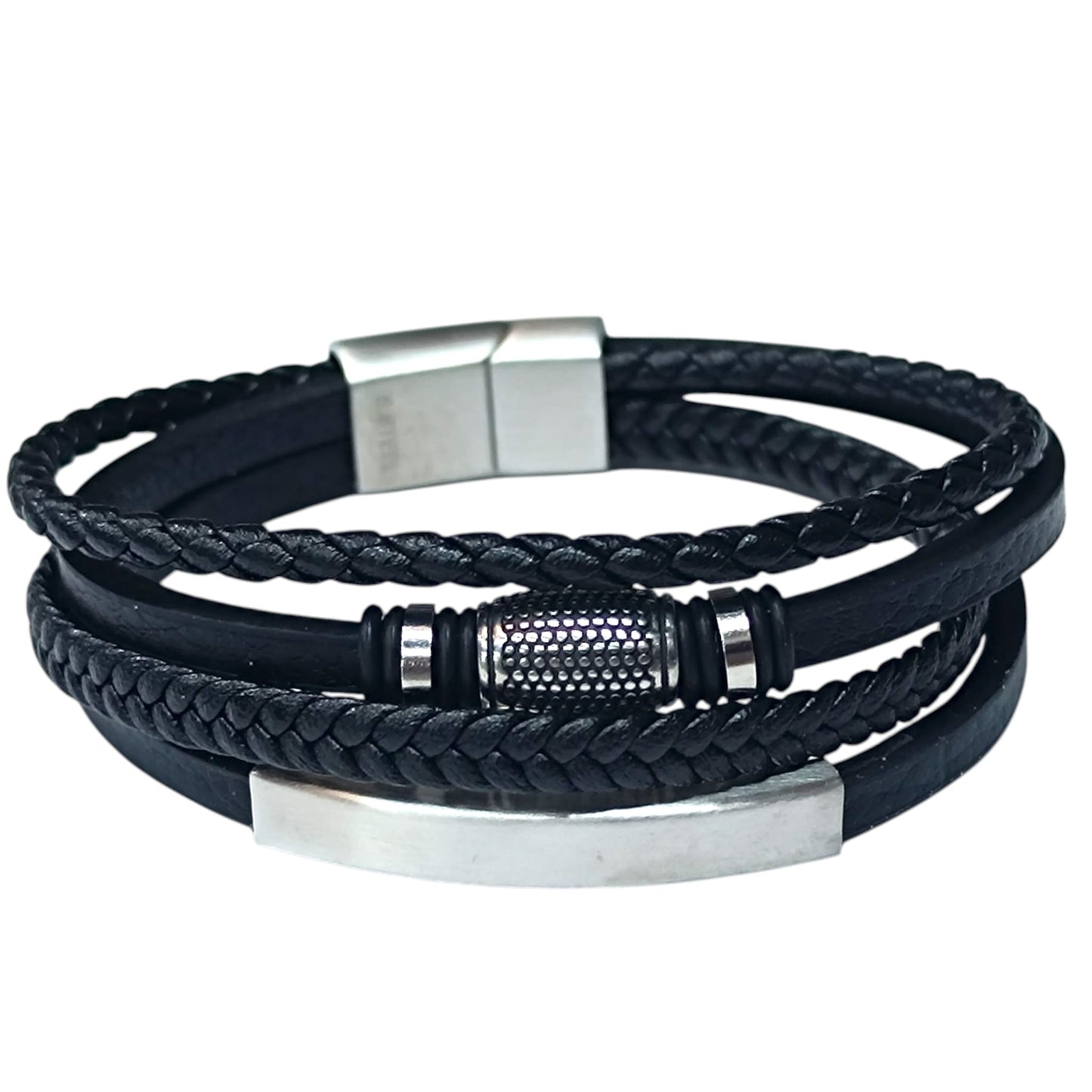 Pulsera Acero Y Cuero Negro Largo 22 Cms Aprox 401104257-33