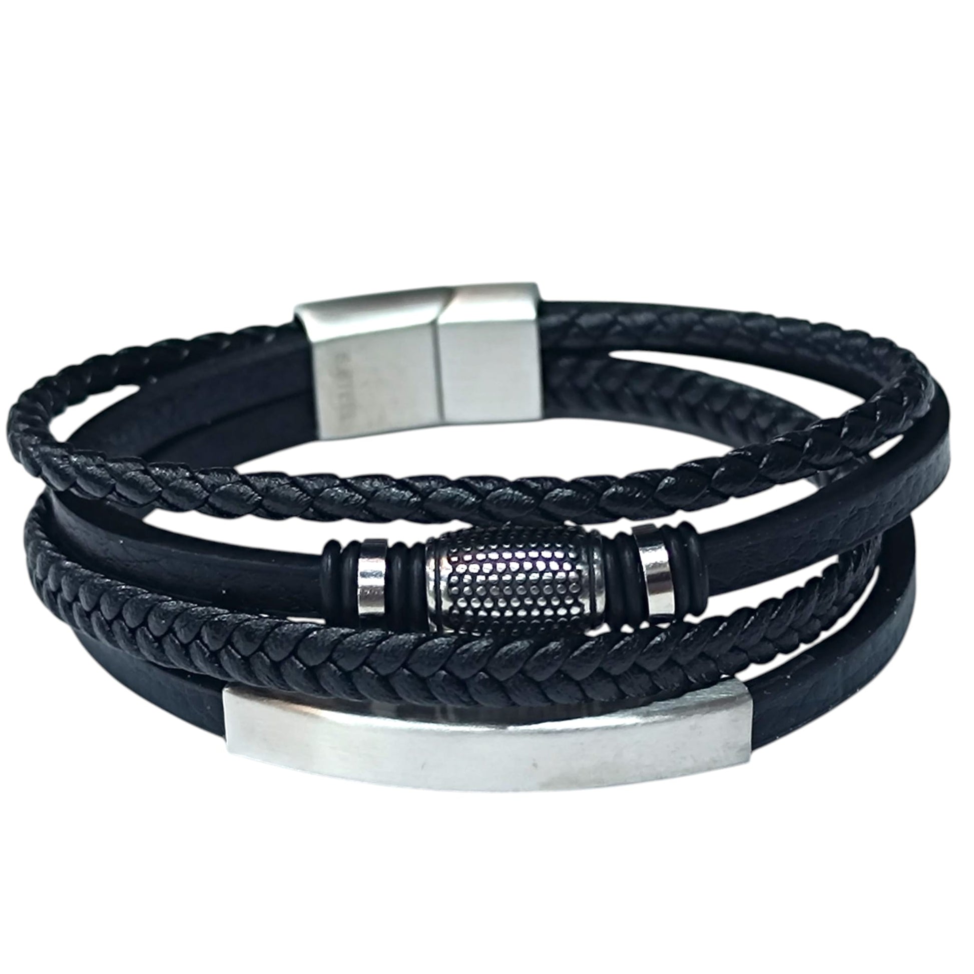 Pulsera Acero Y Cuero Negro Largo 22 Cms Aprox 401104257-33