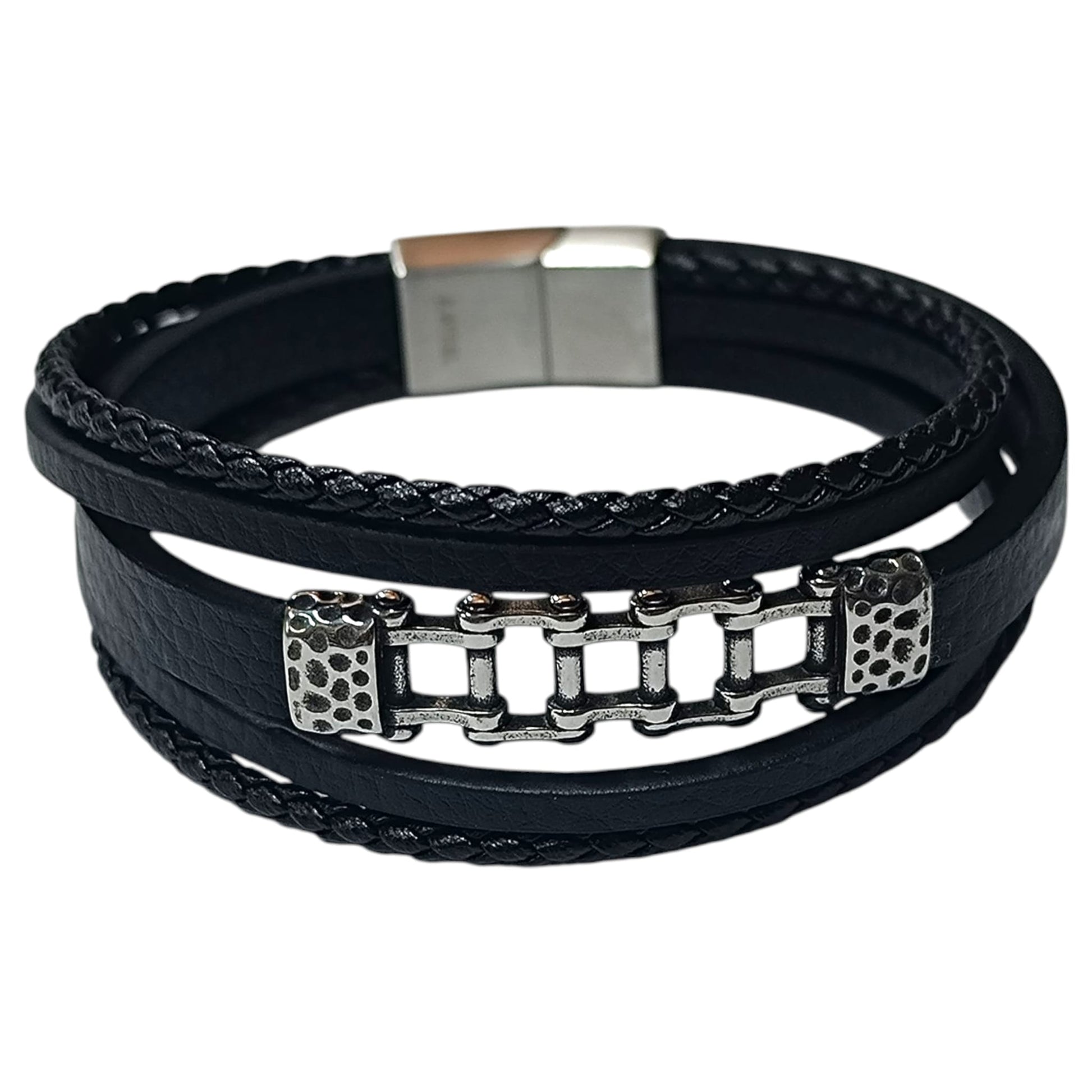 Pulsera Acero Y Cuero Negro Largo 22 Cms Aprox 401104257-007
