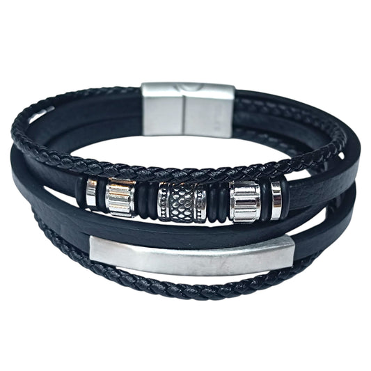 Pulsera Acero Y Cuero Negro Largo 22 Cms Aprox 401104257-41