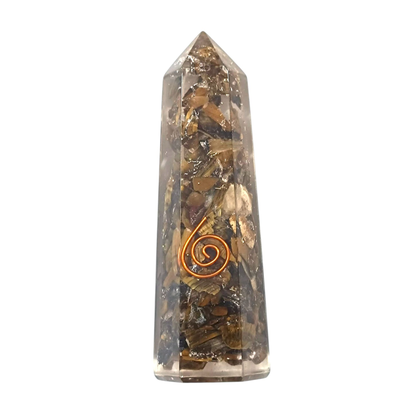 Obelisco Orgonita y Piedras Ojo De Tigre Dije Espiral 7,5 Cms Aprox