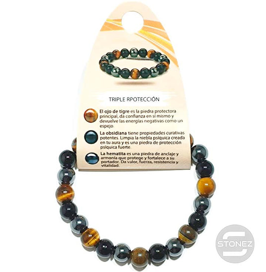 600101479 Pulsera Triple Protección Combinando Ojo Tigre, Obsidiana Y Hematite 8 mm.