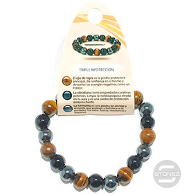 600101480 Pulsera Triple Protección Combinando Ojo Tigre, Obsidiana Y Hematite 10 mm.