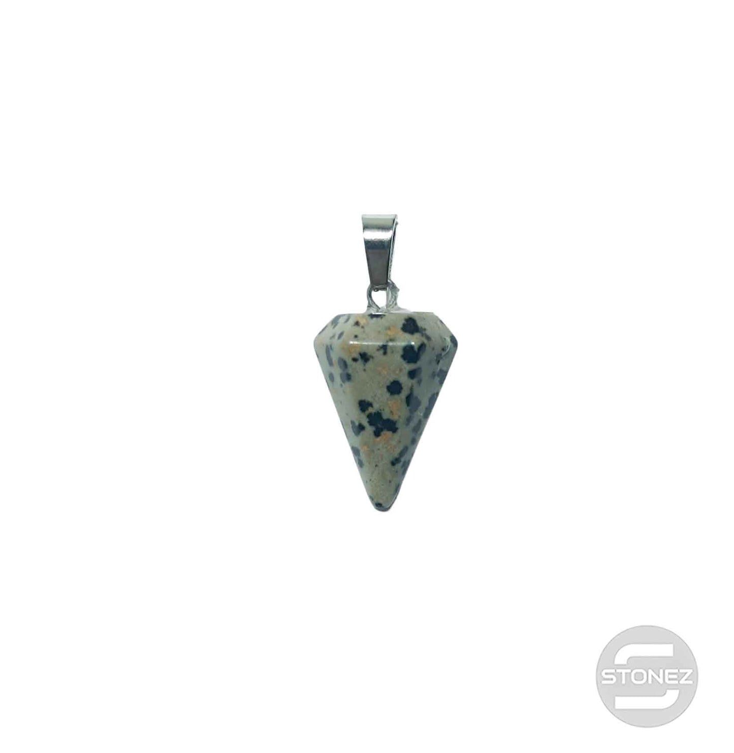 600101815 Colgante Punta Piedra Natural Jaspe Dálmata Forma De Pendulo 25 mm Aprox Engarzado En Metal
