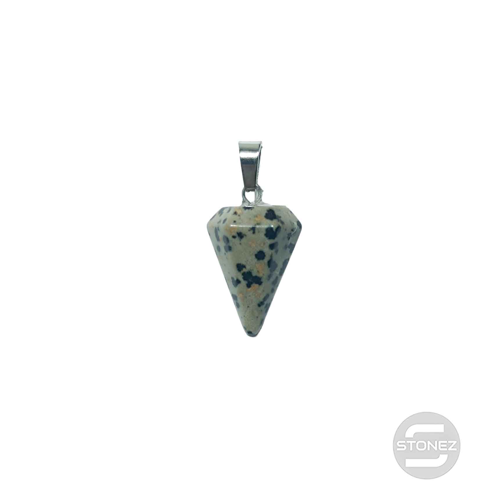 600101815 Colgante Punta Piedra Natural Jaspe Dálmata Forma De Pendulo 25 mm Aprox Engarzado En Metal