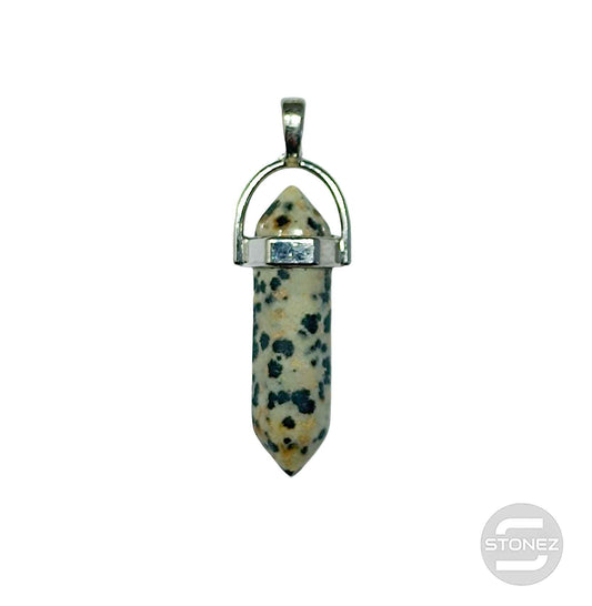 600101816 Colgante Doble Punta Piedra Jaspe Dálmata 4 Cms Aprox Engarzado En Metal