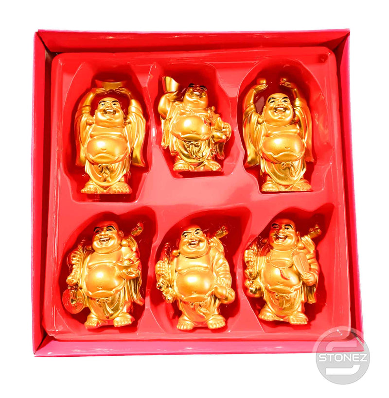 Cargue la imagen en el visor de la galería, 600102144 Juego 6 Pcs Figura Buda Paz En Resina De 9 A 10 Cms Aprox Color Dorado
