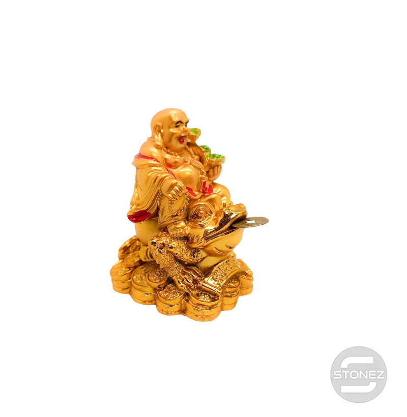 Cargue la imagen en el visor de la galería, 600102150-02 Figura Buda Paz Montado En Rana Feng Shui En Resina 8 Cms Aprox Color Dorado (La Moneda La Lleva Suelta)
