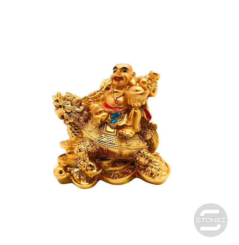 Cargue la imagen en el visor de la galería, 600102150-03 Figura Buda Paz Montado En Tortuga Cabeza Dragón De Feng Shui En Resina 8 Cms Aprox Color Dorado
