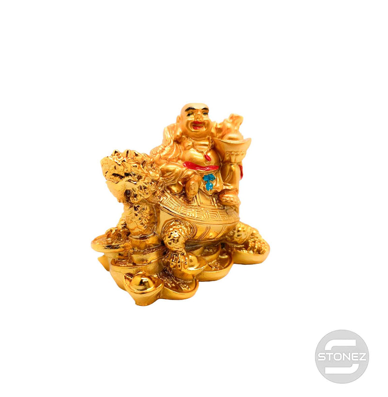 Cargue la imagen en el visor de la galería, 600102150-03 Figura Buda Paz Montado En Tortuga Cabeza Dragón De Feng Shui En Resina 8 Cms Aprox Color Dorado
