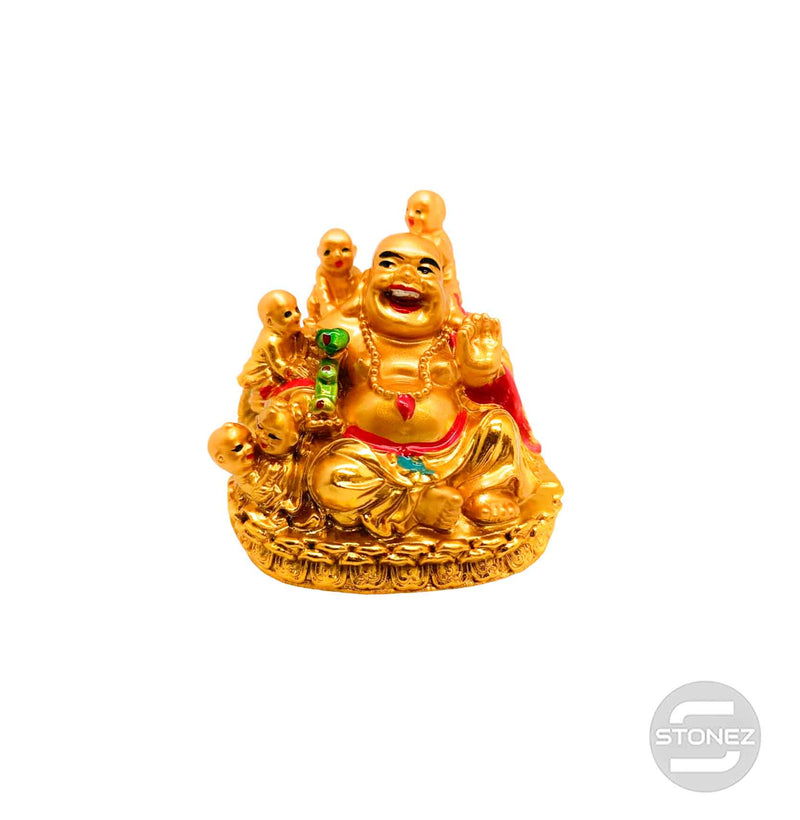 Cargue la imagen en el visor de la galería, 600102150-04 Figura Buda Paz Con Niños Resina 8 Cms Aprox Color Dorado
