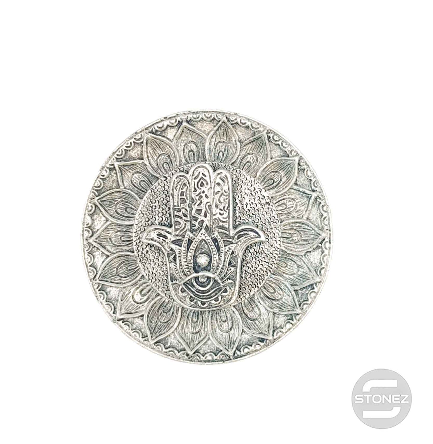600102171-01 Porta Incienso Mano Fátima En Resina 9,5 Cms Aprox En Color Plata