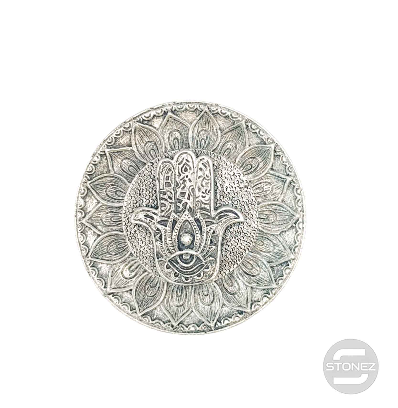 600102171-01 Porta Incienso Mano Fátima En Resina 9,5 Cms Aprox En Color Plata