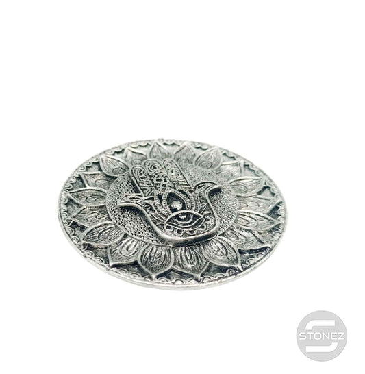 600102171-01 Porta Incienso Mano Fátima En Resina 9,5 Cms Aprox En Color Plata