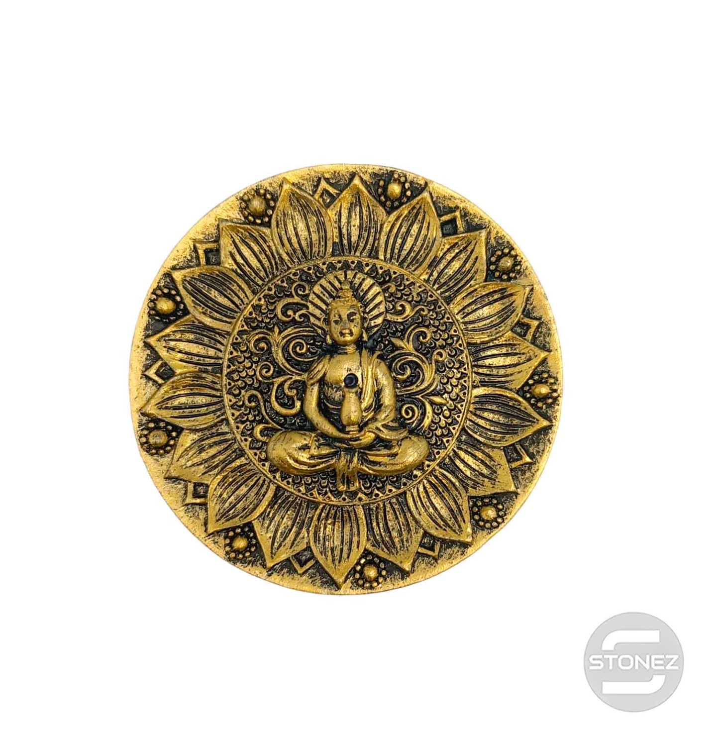 600102171-04 Porta Incienso Buda En Resina 9,5 Cms Aprox En Color Plata Oro