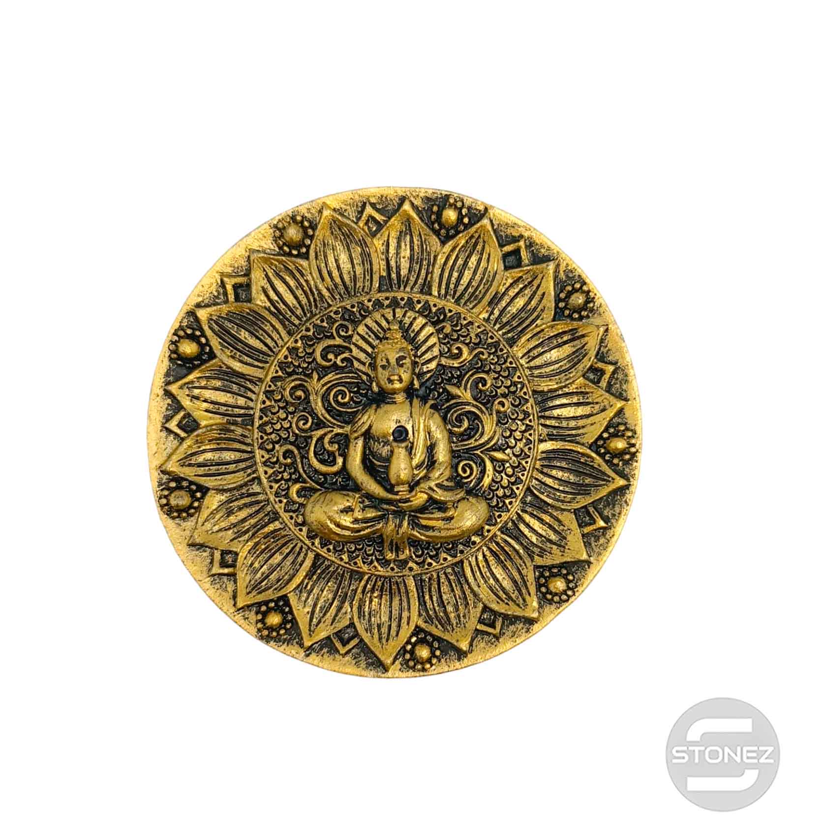 600102171-04 Porta Incienso Buda En Resina 9,5 Cms Aprox En Color Plata Oro