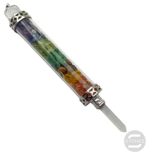 600102196-00 Varita De Poder De Cristal Con Minerales Chips De 7 Chakras 13 Cms Aprox