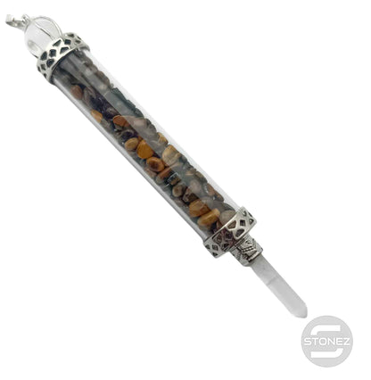 600102196-09 Varita De Poder De Cristal Con Minerales Chips De Ojo De Tigre 13 Cms Aprox